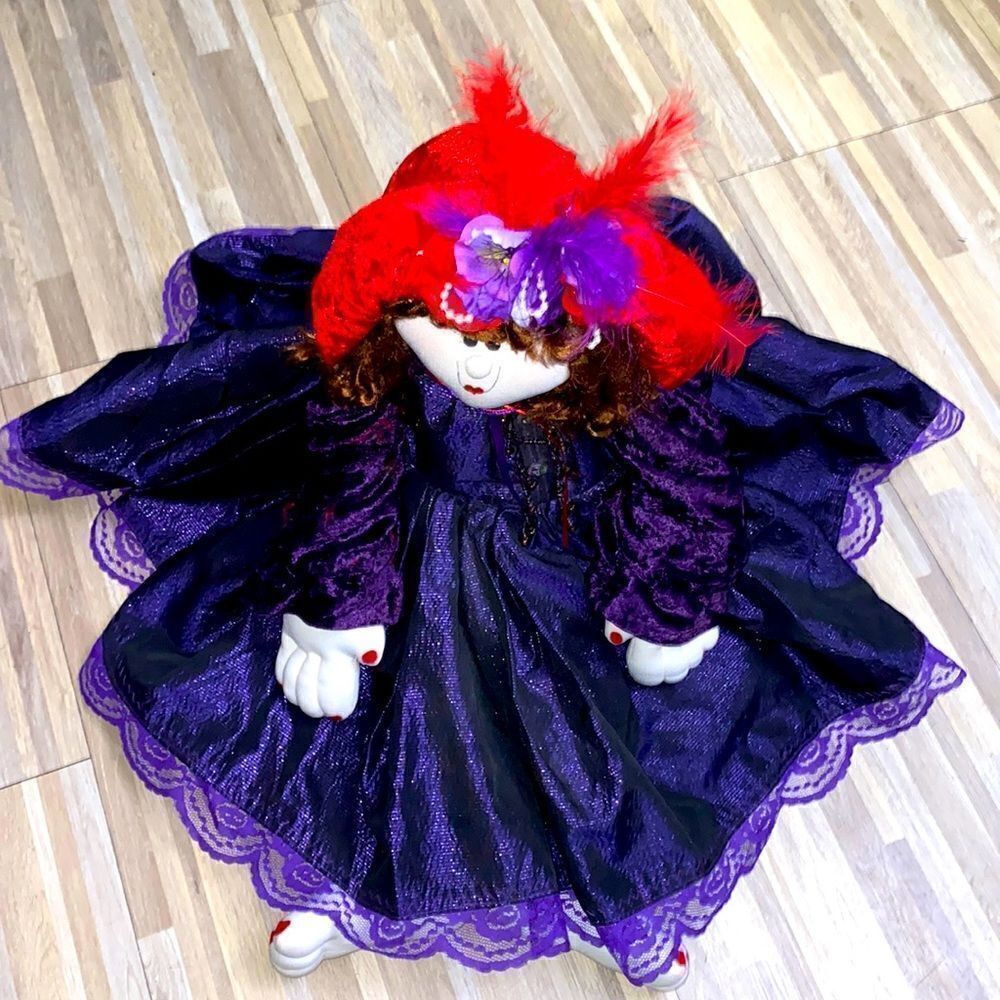Red Hat Society Doll purple dress red fancy hat with feather farmhouse vintage